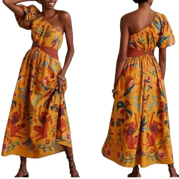 Farm Rio x Anthropologie One Shoulder Tropical Puff Sleeve Maxi Dress Large - Picture 5 of 16